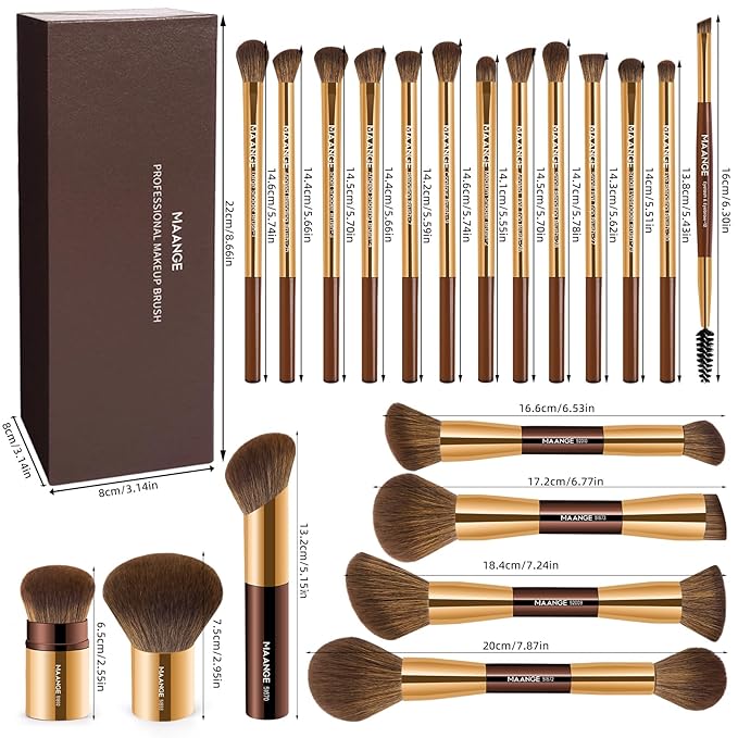 MAANGE 20 Pcs Makeup Brushes with Gift Box, Double-End Multi-functional Makeup Brushes for Blending Liquid Powder Concealer Cream Blush Buffe,Coffee Gold