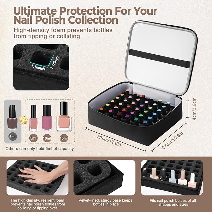 DERSTUEWE Floral Pattern Nail Polish Storage Backpack, Large Capacity Organizer Case with Multiple Compartments, Black