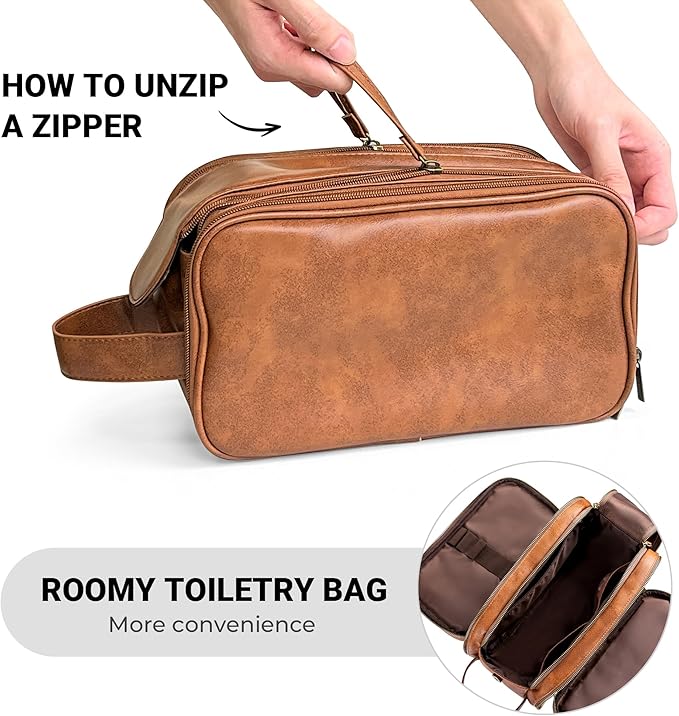 Elviros Toiletry Bag for Men, Large Travel Shaving Dopp Kit Water-resistant Bathroom Toiletries Organizer PU Leather Cosmetic Bags (Medium, Brown)
