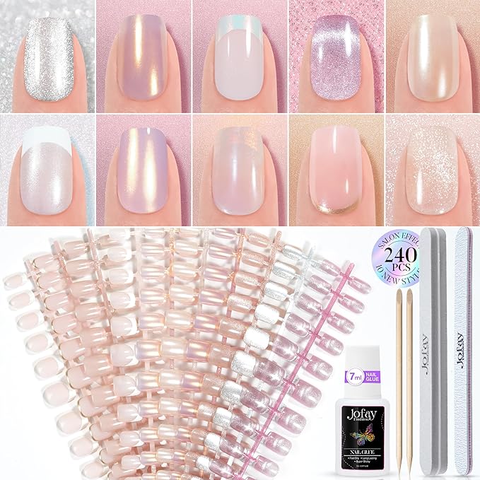 Press on Nails Short 10 Styles, Jofay Fashion 240Pcs Salon-Like Fake Nails with Cat Eye Nails & French Tip Press on Nails Designs, Artificial Acrylic Nails Gel Glue on Nails Stick on Nails for Women