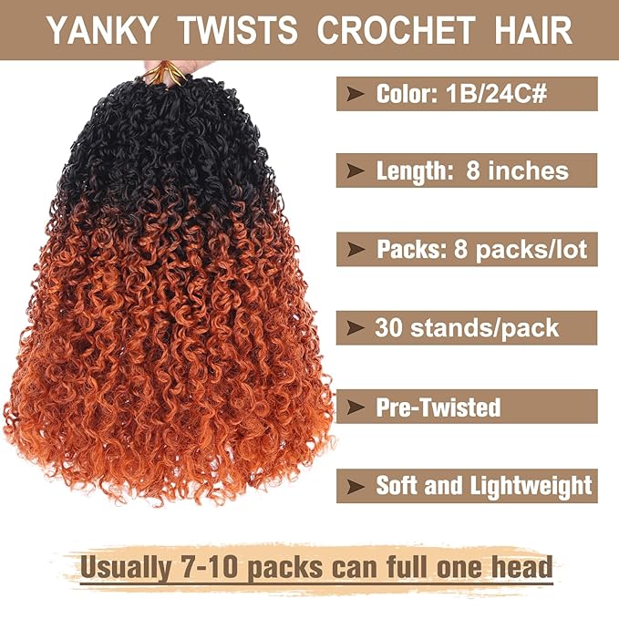 COOKOO 8 Inch Pre Twisted Ombre Yanky Twists Crochet Hair 8 Bundles/Lot Pre-looped Yanky Twists Hair with Curls Bohemian Spring Twist Crochet Hair Passion Twist Crochet Braiding Hair for Women 1B/24C#