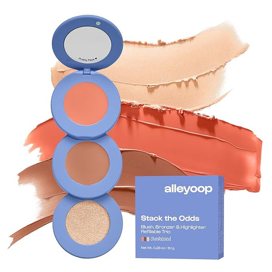 Alleyoop Stack The Odds - Stackable Makeup Palette - Cream Blush, Contour, Bronzer & Highlighter - Blendable Cream Make up Palette - Natural, Glowy Finish - Compact Stack Makeup for Travel, Sunkissed
