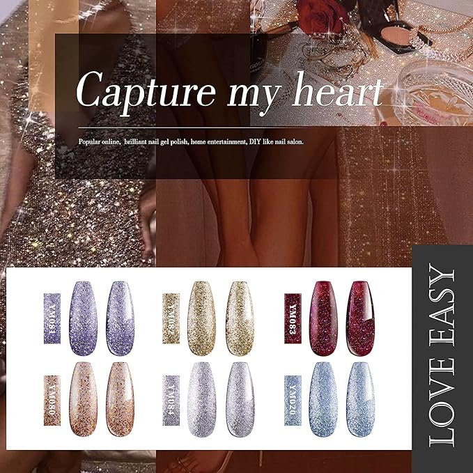 Gel Nail Polish Kit, 6x8 ml Glitter - Thumping Heart, Sparkly Shiny Nail Polish Set, Long Lasting, Shimmery Finish, Christmas Gift