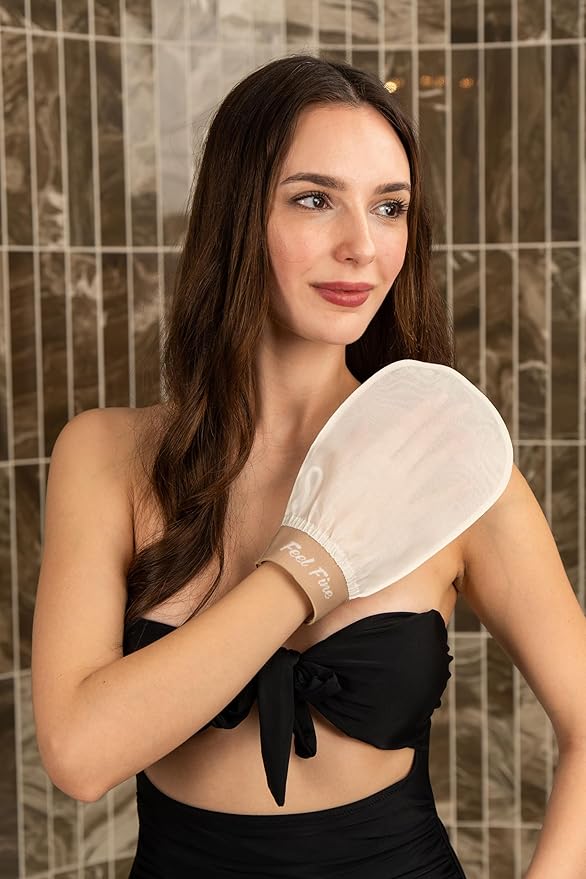 Feel Fine Turkish Exfoliating Mitt Set – 100% Raw Silk Hammam Kese Glove for Men & Women | Handcrafted Turkish Skin Peeling Scrubber Bath & Sauna Exfoliator (Feel Fine)