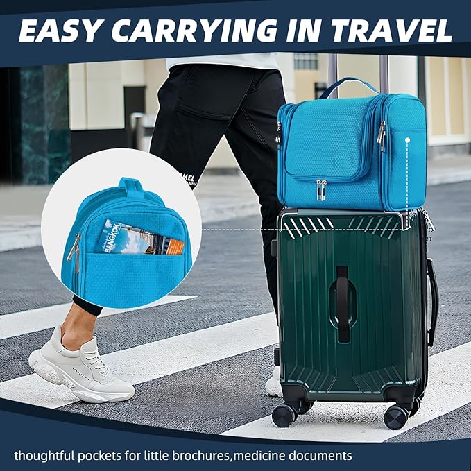 Buruis Large Capacity Toiletry Bag for Women and Men, Hanging Toiletry Organizer Cosmetics Makeup Bag, Water-resistant Dopp Kit Shaving Bags for Full Sized Toiletries, Travel Essentials (Light Blue)