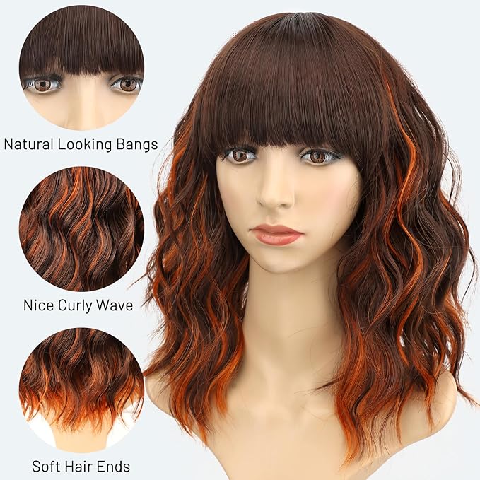 AISI HAIR Ginger and Brown Synthetic Wavy Curly Bob Wig with Bangs Short Wavy Hair for Women Synthetic Heat Resistant Bob Wigs