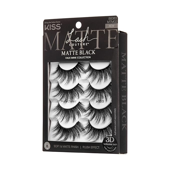 KISS Lash Couture 3D Matte False Eyelashes, Matte Cheviot', 18mm-20mm, Includes 4 Pairs Of Lashes, Contact Lens Friendly, Easy to Apply, Reusable Strip Lashes (Pack of 2)