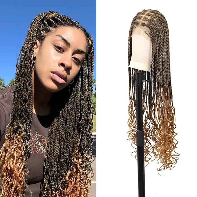 360° HD Full Lace Knotless Braided Wigs for Women Box Braid Wig with Curly End Braided Lace Front Wigs Hair Human Hair Blended Braid Wig with Baby Hair Light Brown 36Inch