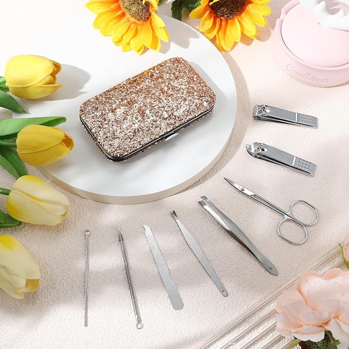 Lasnten 24 Set Manicure Set Bulk Nail Clippers Grooming Nail Kit Stainless Steel Professional Pedicure Kit Pedicure Tools with Travel Case Gifts for Men Women Personal(8 in 1,Shiny Gold)