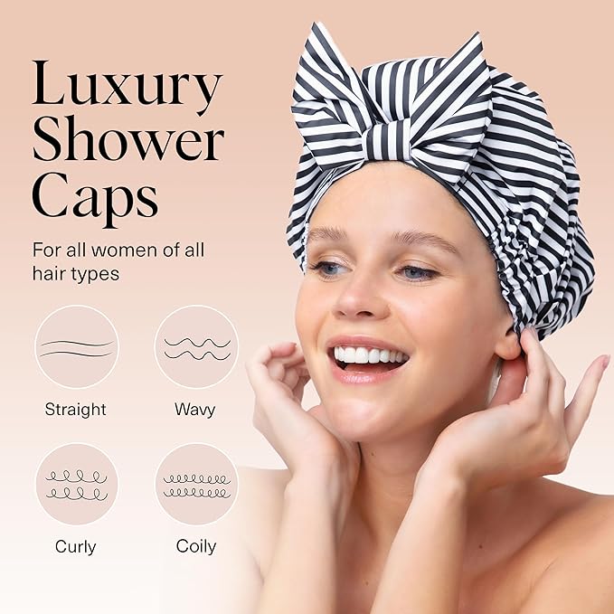 Kitsch Luxury Shower Caps for Women Reusable Waterproof - Large Shower Cap for Women and Men, Non-slip, Quick-dry Hair Cap for Long & Short Hair, Comfortable and Stylish Design - Stripe