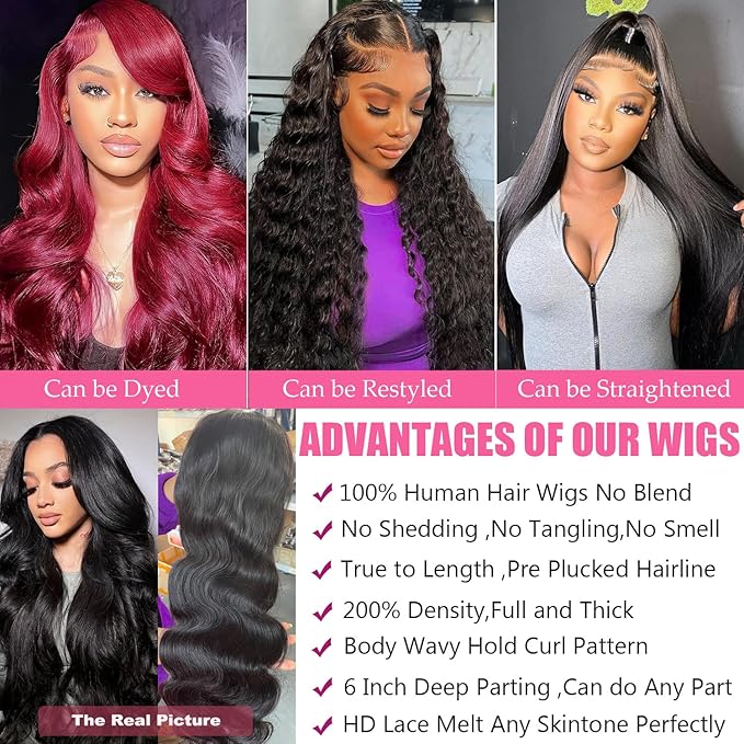 13x6 Body Wave HD Lace Front Wigs Human Hair Bleached Knots 200 Density Frontal Wigs Human Hair with Baby Hair Glueless Wigs Human Hair for Women Pre Plucked Natural Hairline Black Color 22 Inch