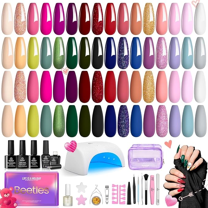 Beetles Gel Nail Polish Kit with UV Light, 55 Pcs 32 Colors Valentines Gel Nail Polish Set Green Red Gold Purple Pink Blue Nude Glitter with Uv Nail Lamp Base Matte Glossy Top Coat Gel Gifts for Women