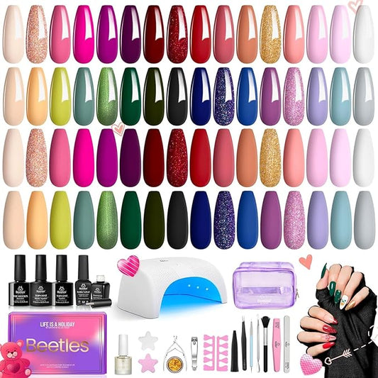 Beetles Gel Nail Polish Kit with UV Light, 55 Pcs 32 Colors Valentines Gel Nail Polish Set Green Red Gold Purple Pink Blue Nude Glitter with Uv Nail Lamp Base Matte Glossy Top Coat Gel Gifts for Women