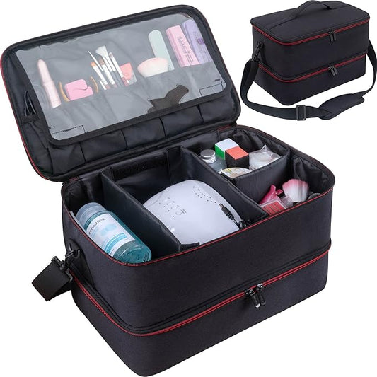ButterFox Extra Large Nail Polish Organizer Case, Holds 60-66 Bottles and Nail Dryer Lamp, Large Nail Supplies and Accessories Storage Holder Bag (Black/Red)