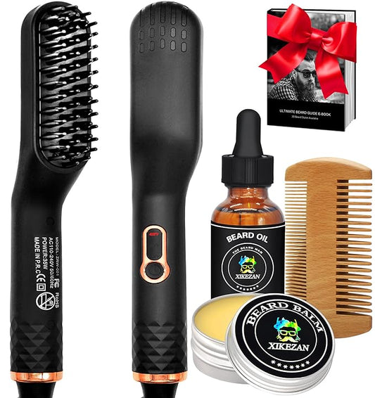 Beard Straightener w/Beard Balm & Beard Growth Oil & Beard Guide E-Book,Upgraded 3 in 1 Hair Straightener Brush Beard Straightening Comb,Unique Stocking Stuffers Gifts for Men Him Husband