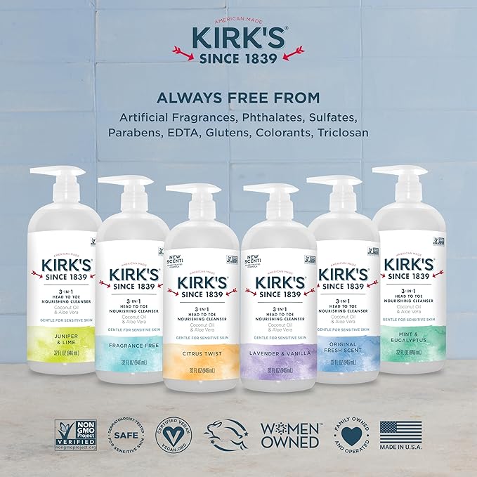 Kirk's 3-in-1 Head to Toe Nourishing Liquid Cleanser- for Men, Women & Children - Premium Coconut Oil & Aloe Vera- Non GMO & Vegan - Citrus Twist - 32 Fl Oz. - 2 Pack