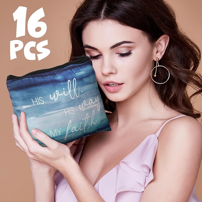Pinkunn 16 Pcs Canvas Cosmetic Bag Bulk Inspirational Quotes Makeup Bags with Zipper Encouragement Travel Toiletry Pouch Appreciation Gift for Christmas Teacher Birthday Graduation(Bible Landscape)