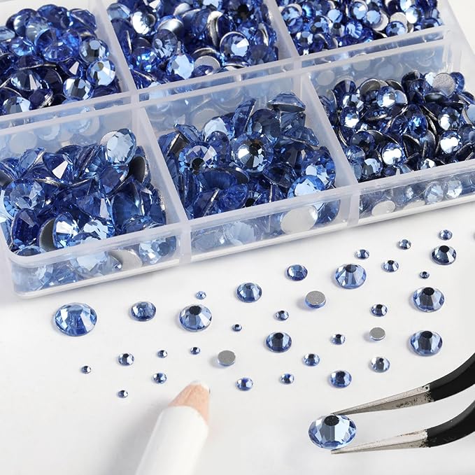 Beadsland 8300PCS Flatback Rhinestones, Light Blue Rhinestone Nail Gems Round Crystal Rhinestones for Crafts, Mixed 10 Sizes with Wax Pencil and Tweezer Kit, SS3-SS30, Light Sapphire
