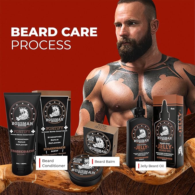 Bossman Essentials Beard Kit for Men – Beard Oil Jelly, Fortifying Conditioner Cream & Beard Balm – Grooming Care Accessories (Stachecoach Scent)