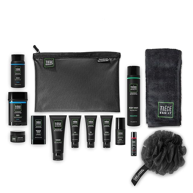 Tiege Hanley Mens Skin Care Gift Box Set, Platinum - Men's Skincare Set Includes Face Wash, AM & PM Moisturizer, Scrub, Eye Cream, Clay Mask, Retinol Stick, Body Wash, Deodorant, Lip Balm