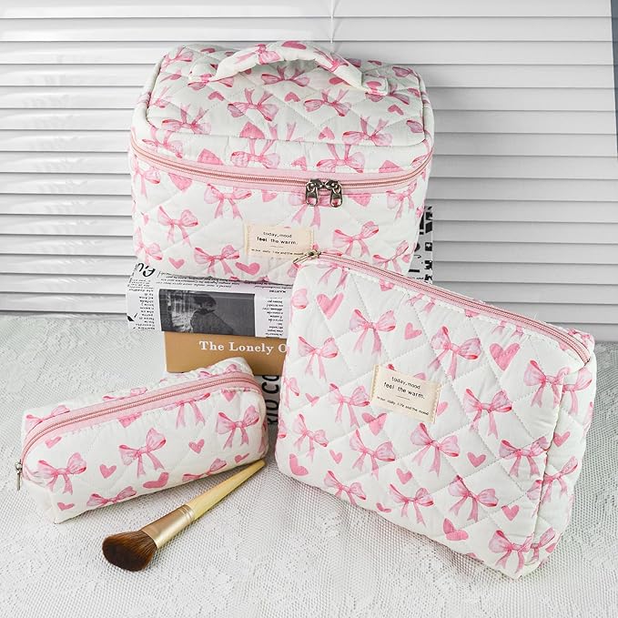 3Pcs Quilted Makeup Bag, Cute Floral Cotton Cosmetic Bag set, Coquette Bow Makeup Pouch Large Travel Toiletry Bag