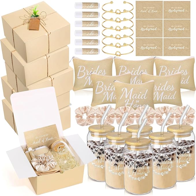 54 Pcs Bridesmaid Proposal Gifts Bridesmaid Box Set Include Bridal Shower Gift Box Makeup Bag Invited Card Glass Cup Lip Balm Scrunchie Hair Knotted Bracelet for Maid of Honor(Beige)