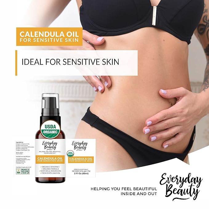 Organic Calendula Oil For Sensitive Skin - 2 Fl Oz Pump Top - USDA Certified 100% All Natural Plant Based, Lightweight & Unscented Gentle Soothing Oil For Sensitive Skin - For Face, Skin & All Over