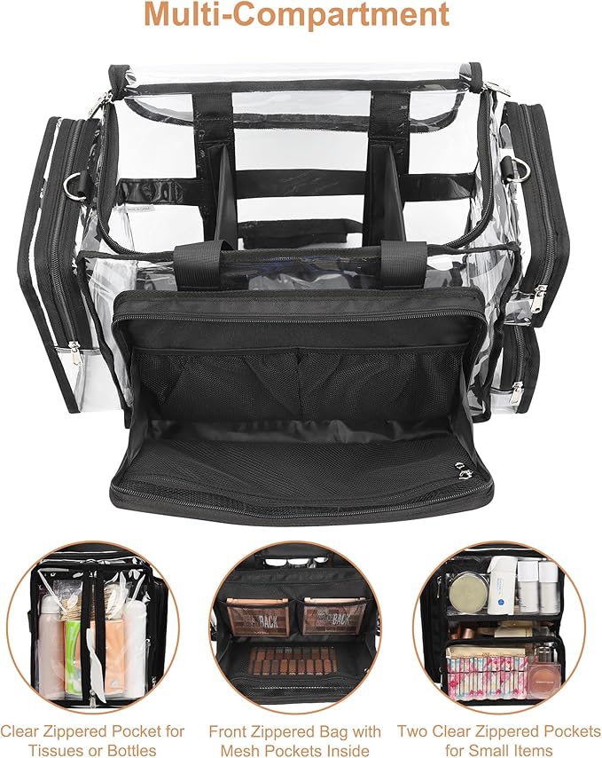 Relavel Clear Makeup Bag Extra Large Makeup Artist Set Bag, Cosmetic Storage Organizer Hair Stylist Travelling Bag, Transparent Tote Duffle Beach Toiletry Bag with Adjustable Dividers & Shoulder Strap