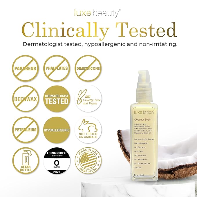 Luxe Beauty Non-Greasy Hyaluronic Acid Moisturizer – Coconut-Scented Lotion, Silicone-Free, No Fillers – With Organic and Plant-Based Ingredients - Anti-Aging Hydrating Facial Cream – Travel Size 2oz