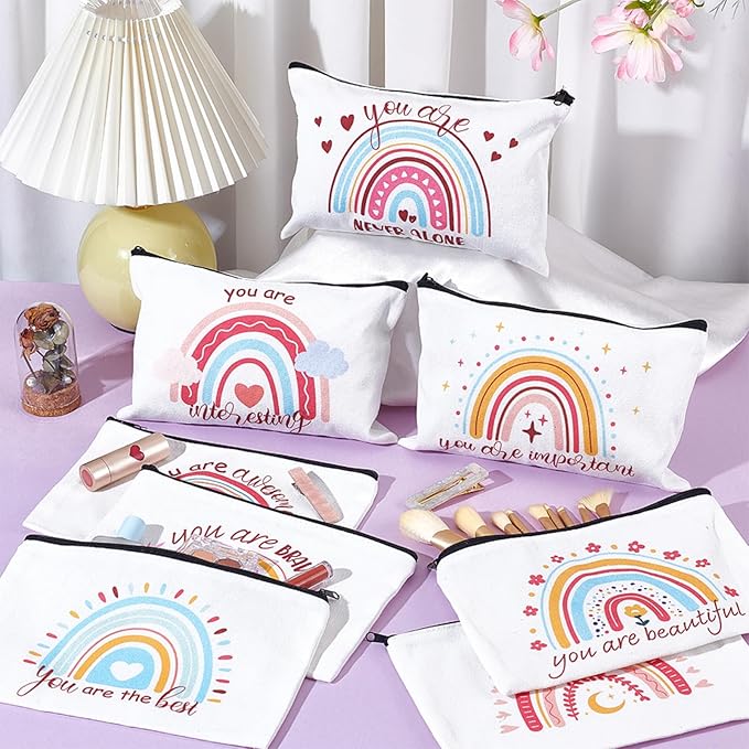 16PCS Rainbow Canvas Cosmetic Bag Bulk Inspirational Quotes Makeup Bags with Zipper Toiletry Bag Encouragement Travel Pouch for Women Girls Teacher Friend Birthday