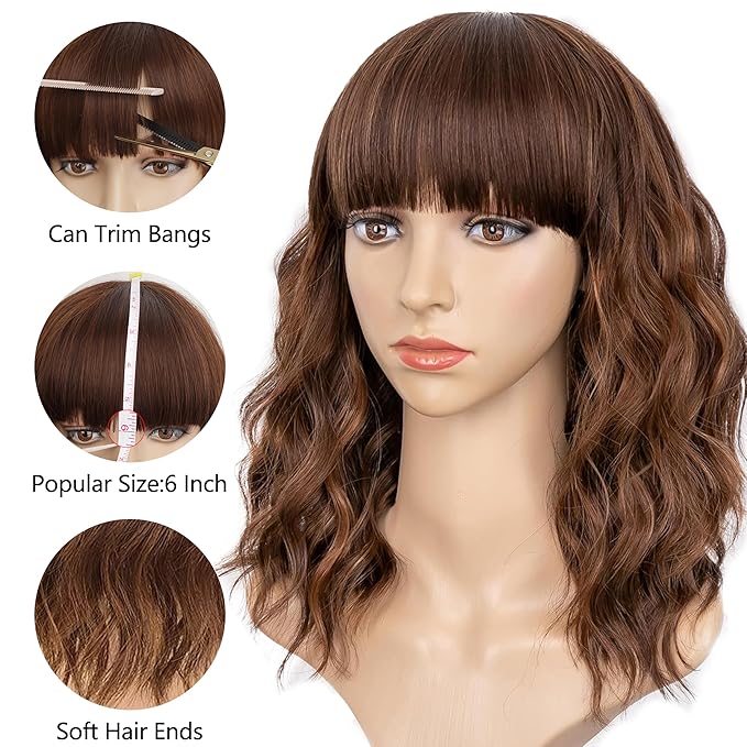 AISI HAIR Synthetic Wavy Curly Bob Wig with Bangs Brown Highlight Short Hair for Women Synthetic Heat Resistant Bob Wigs