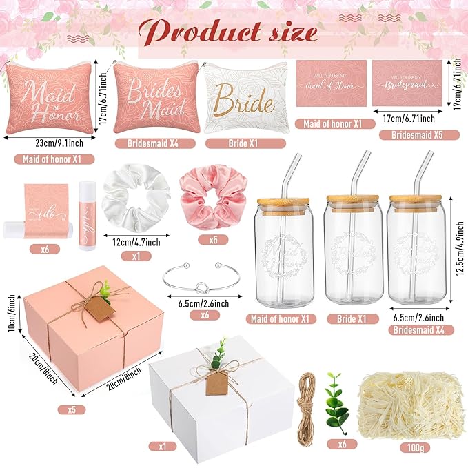54 Pcs Bridesmaid Proposal Gifts Bridesmaid Box Set Include Bridal Shower Gift Box Makeup Bag Invited Card Glass Cup Lip Balm Scrunchie Hair Knotted Bracelet for Maid of Honor(Pink, White)