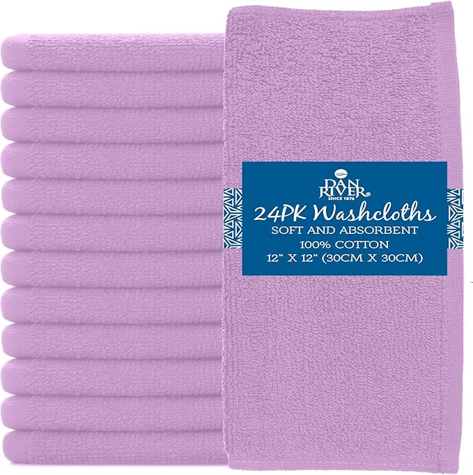 DAN RIVER 100% Cotton Washcloths 24 Pack Premium Quality Face and Body Cloth, Quick Dry Essential Towels for Bathroom, Hand, Kitchen & Cleaning, Baby Washcloths | 12X12 in | 400 GSM | Lavender