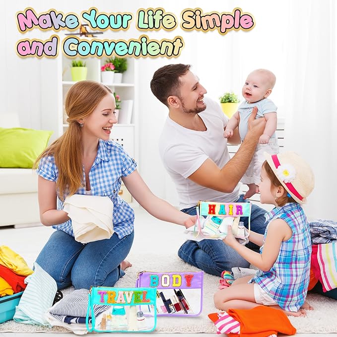 Abbylike 6 Pcs Chenille Letter Clear Zipper Pouch Summer Waterproof Cosmetic Pouch Travel Gym Beach Hawaii Bag Travel Patch Purse Makeup Letter Bag for Women Girls, 6 Colors(Macaron Colors,Cute)