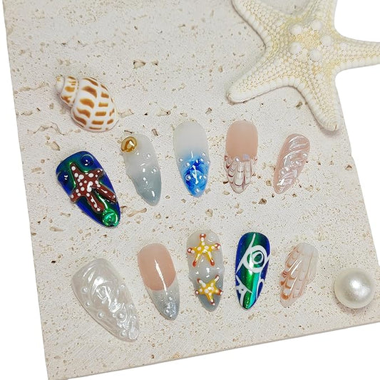 Almond Press on Nails Handmade Medium Long/Stiletto 3D Flower Fake Nail with Designs, Women Reusable False Nails (Ocean Starfish, L)