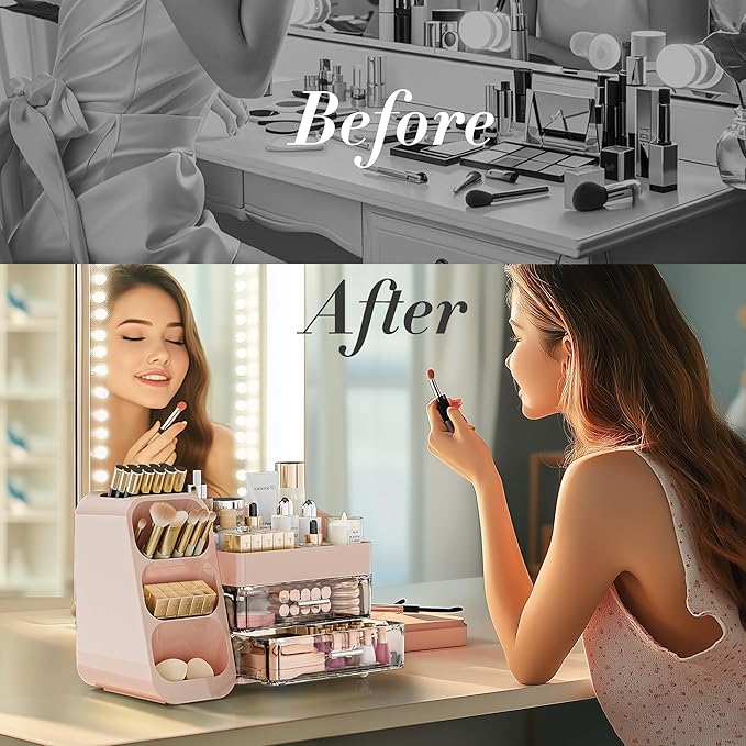 Delamu Makeup Organizer with Drawers for Vanity, Spacious Cosmetic Display Case with Makeup Brush Holder, Perfect Vanity Bathroom Organizer and Storage Solution for Skincare & Beauty Essentials, Pink