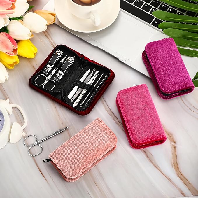 Coume 24 Sets Nail Kit Manicure Set Bulk with Zipper Professional Nail Clippers 8 in 1 Stainless Steel Nail Care Tools with Luxurious Travel Case Gifts for Men Women Friends Colleagues(Red Series)