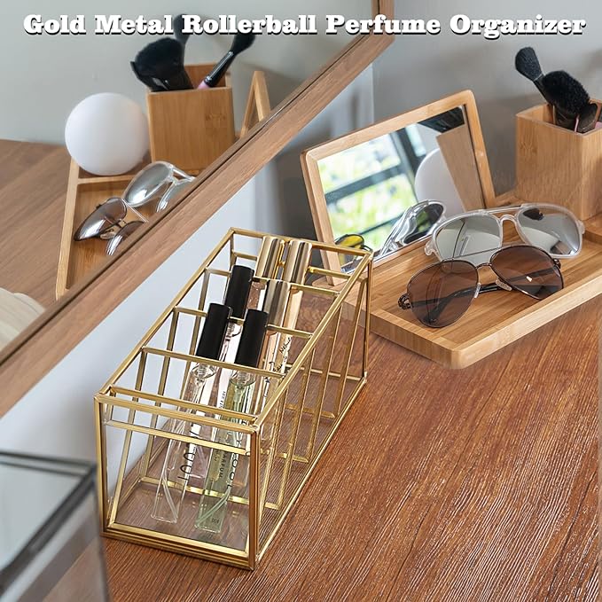 ELLDOO Rollerball Perfume Organizer, 4 Compartment Clear Glass Perfume Storage Holder Vintage Beauty Scent Holder, Metal Makeup Lipgloss Lipstick Display Case