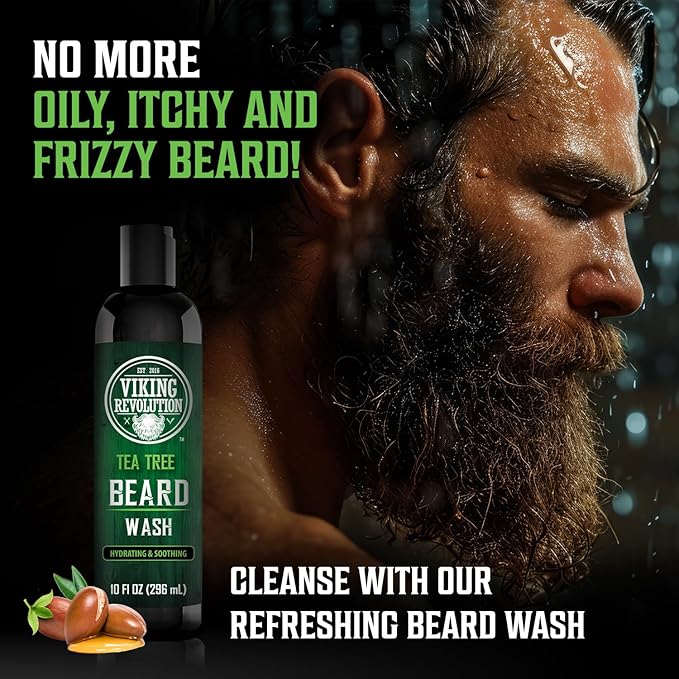 Viking Revolution Tea Tree Oil Beard Wash and Beard Conditioner For Men - Natural Beard Softener Set with Argan Oil, Vitamin E and Ginseng - Tea Tree Beard Shampoo and Conditioner Set (10 Oz)