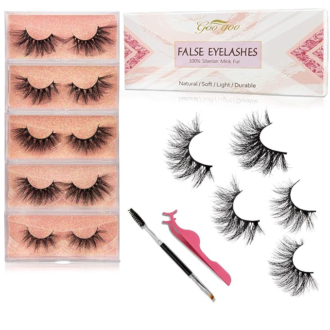 GOO GOO Mink Eyelashes, Middle Long Crossed Cluster Type False Eyelashes 18mm-25mm 5 Styles Multipack Natural Layered Hand Made Strips Siberian 3D Mink Lashes Fluffy Full Fake Eyelashes