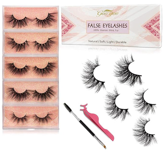 GOO GOO Mink Eyelashes, Middle Long Crossed Cluster Type False Eyelashes 18mm-25mm 5 Styles Multipack Natural Layered Hand Made Strips Siberian 3D Mink Lashes Fluffy Full Fake Eyelashes