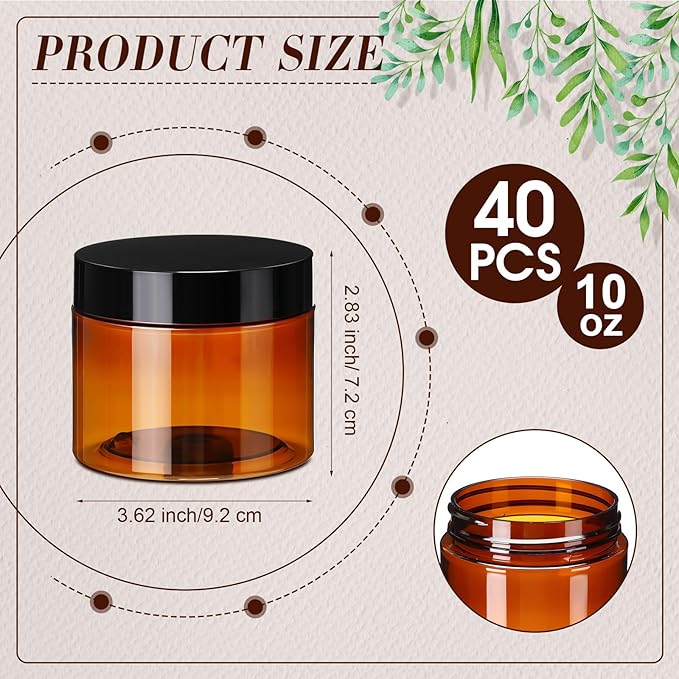 Tanlade 40 Pcs Amber Plastic Jars with Lids Round Cosmetic Containers Amber Jars Refillable Containers for Powder Liquid Food Storage Kitchen Cosmetic Lotion Ointments Creams Essential Oil (10 oz)