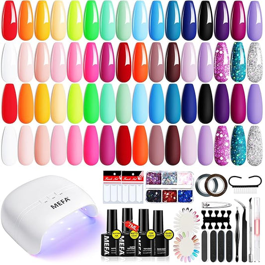 MEFA 60 Pcs Gel Nail Polish Kit with U V Light, 32 Colors Bright Neon Spring Summer Fall Pink Gel Polish Nail Set Essential Manicure Tools Nails Decorations Gifts for Women