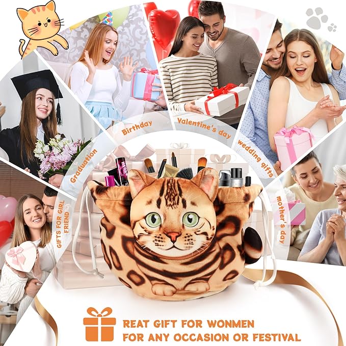 Openhaha Drawstring Travel Organizer, Cosmetic Pouch - Cat Gift, Lay Flat Makeup Bag Gifts for Cat Lovers