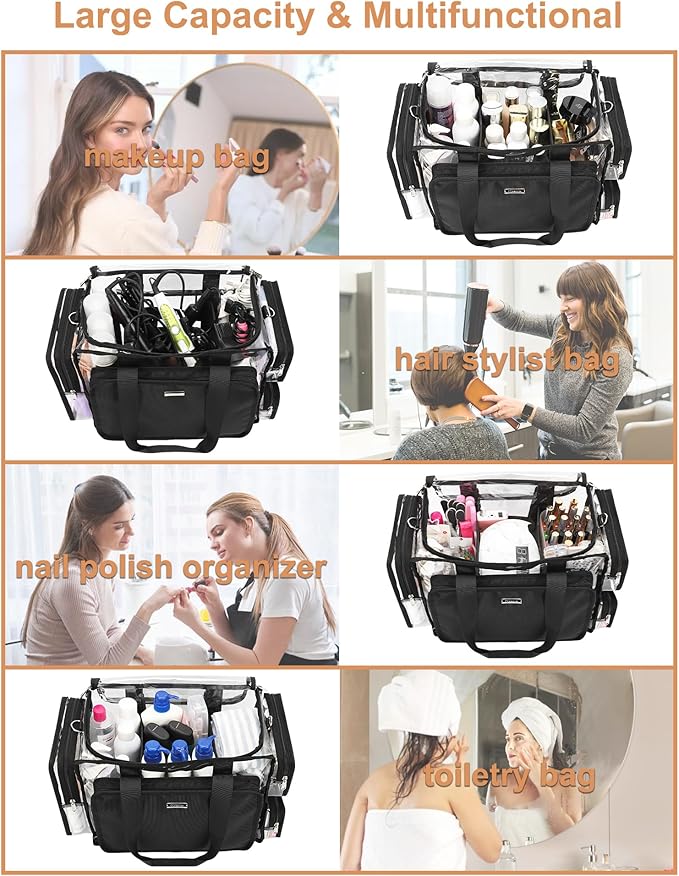 Relavel Clear Makeup Bag Extra Large Makeup Artist Set Bag, Cosmetic Storage Organizer Hair Stylist Travelling Bag, Transparent Tote Duffle Beach Toiletry Bag with Adjustable Dividers & Shoulder Strap