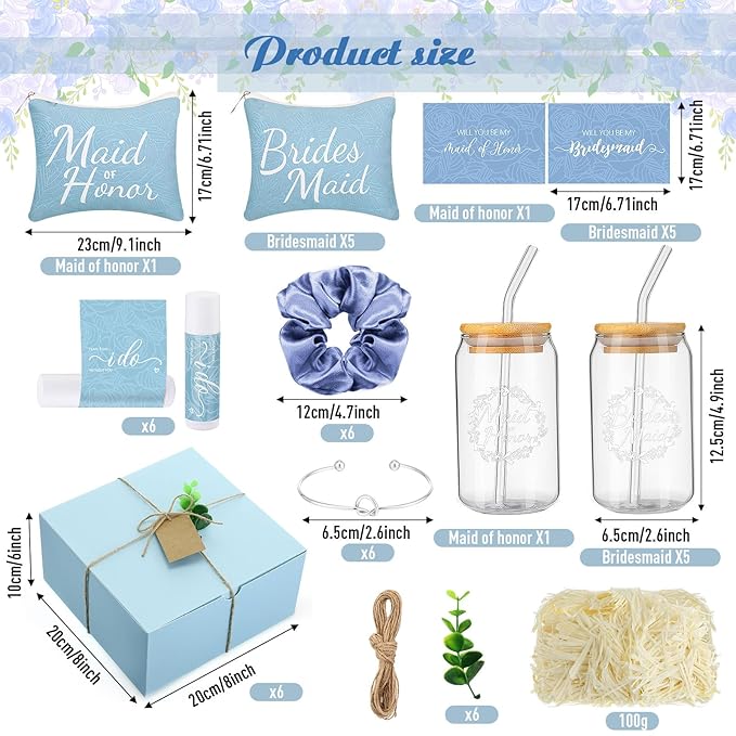 54 Pcs Bridesmaid Proposal Gifts Bridesmaid Box Set Include Bridal Shower Gift Box Makeup Bag Invited Card Glass Cup Lip Balm Scrunchie Hair Knotted Bracelet for Maid of Honor(Blue)