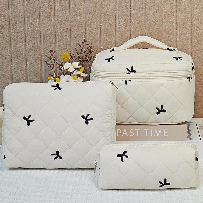 3Pcs Quilted Makeup Bag, Cute Floral Cotton Cosmetic Bag set, Coquette Bow Makeup Pouch Large Travel Toiletry Bag