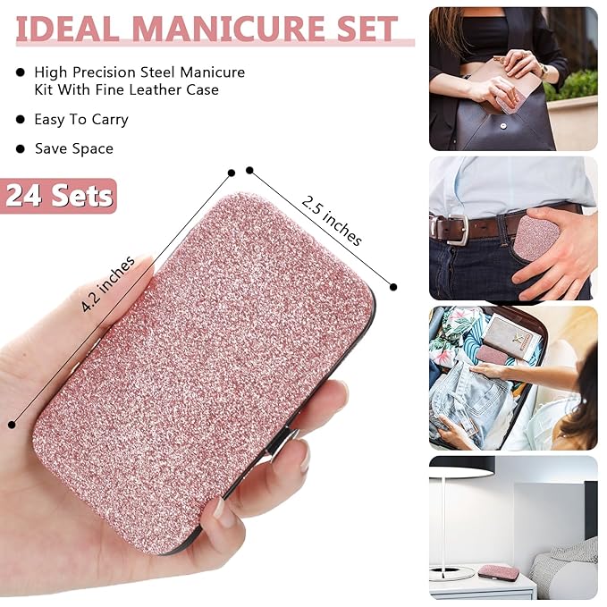 Lasnten 24 Set Manicure Set Bulk Nail Clippers Grooming Nail Kit Stainless Steel Professional Pedicure Kit Pedicure Tools with Travel Case Gifts for Men Women Personal(8 in 1,Shiny Pink)