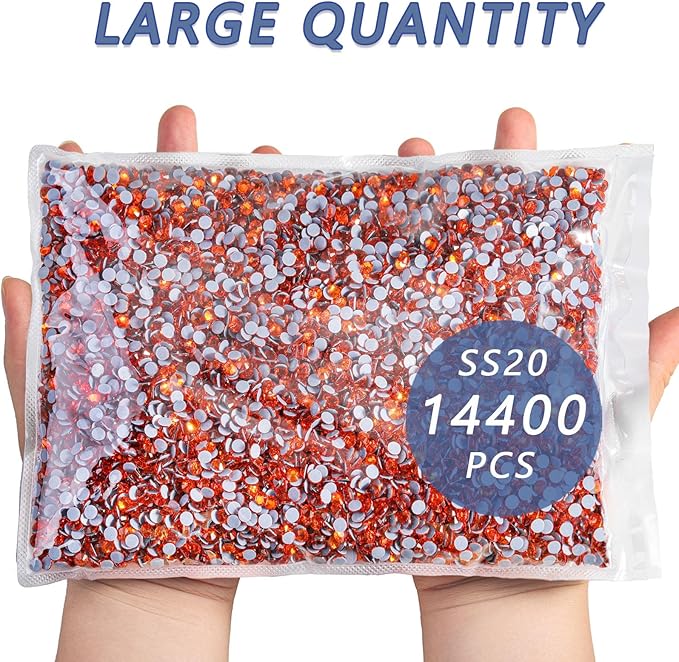 Beadsland Hotfix Rhinestones Bulk, 14400pcs Orange Hot Fix Rhinestones for Crafts Clothes DIY Decoration, Hyacinth/Orange, SS20, 4.6-4.8mm