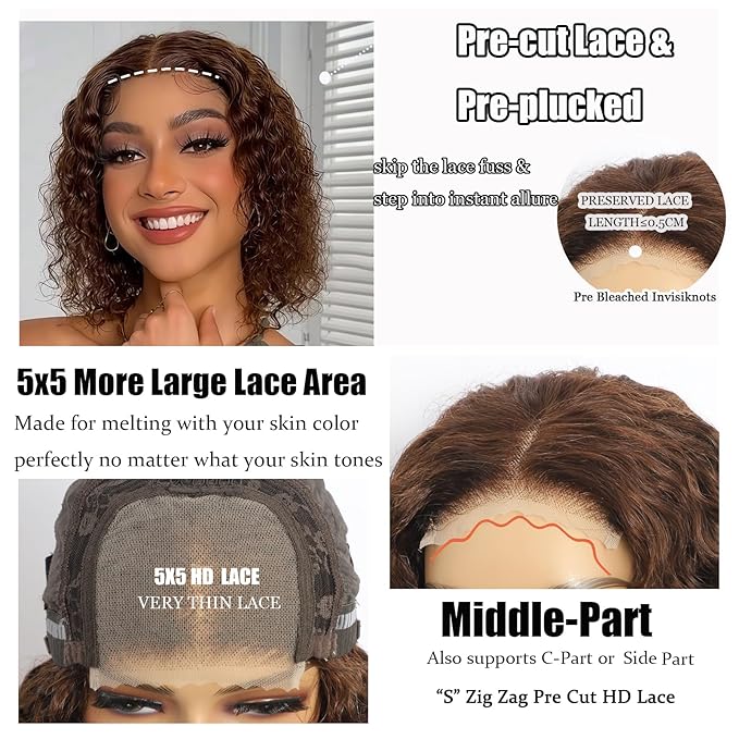 5×5 Closure Bob Wig Human Hair Glueless Wigs Human Hair Pre Plucked Pre Cut Short Curly Wig Water Wave Middle Part 4# Chocolate Brown for Women Wigs for Black Women 12Inch